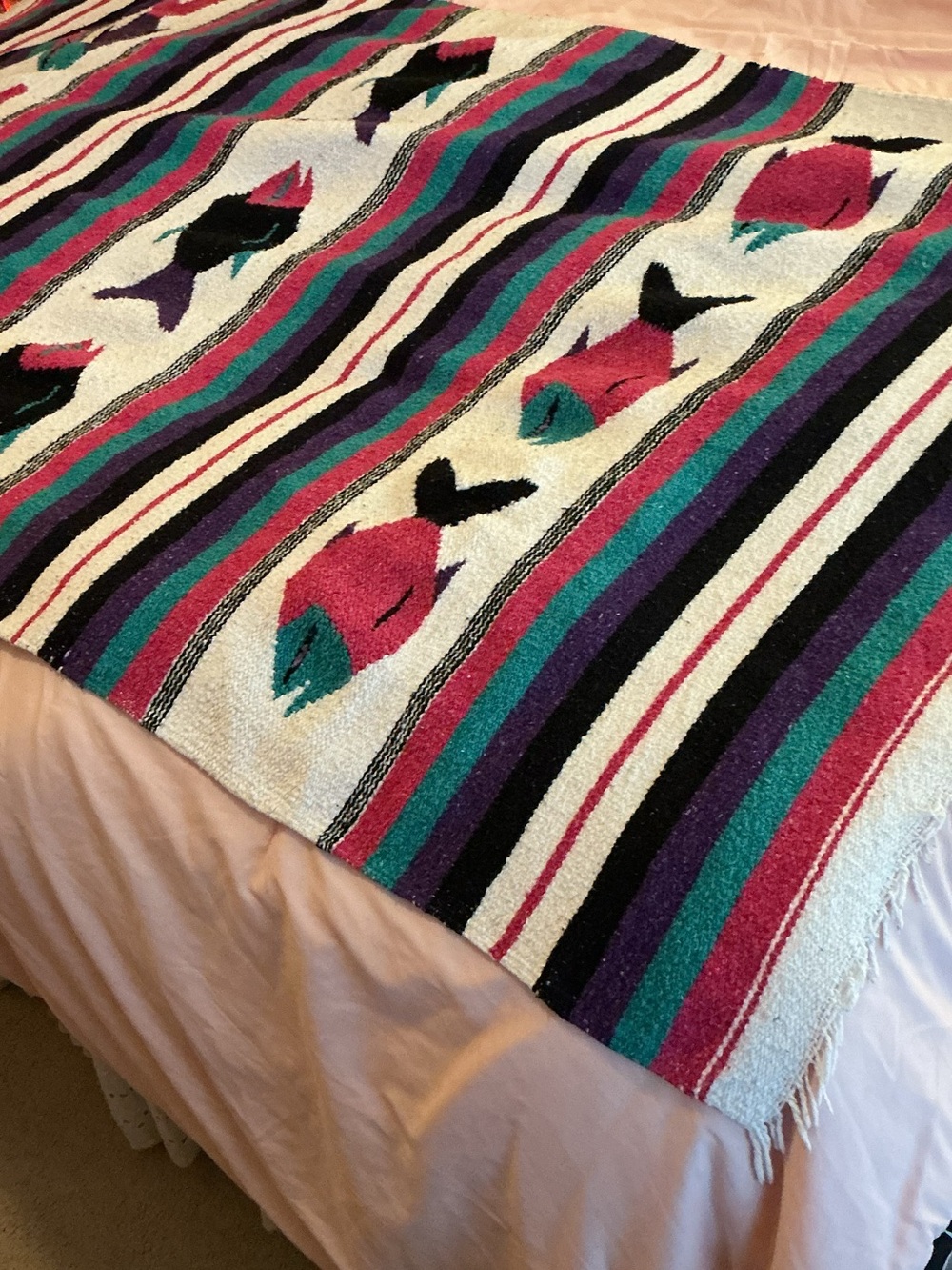 Handwoven Striped Fish Throw Blanket in Teal, Magenta & Black 73 x 43